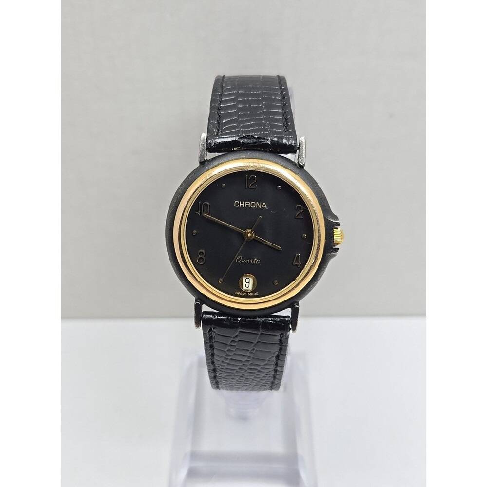 Vintage Womens Chrona Swiss Date 33mm Dress Watch New Battery Black Dial Leather
